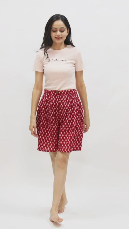 Red Hand Block Printed Cotton Shorts